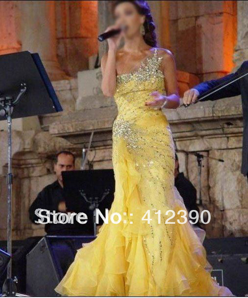 Free shipping Famous star yellow chiffon floor length sheath one shoulder beading tiered celebrity dress ECCE-508