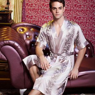 free shipping Fanny summer male short-sleeve robe faux silk sleep set lounge xxxl women pajamas