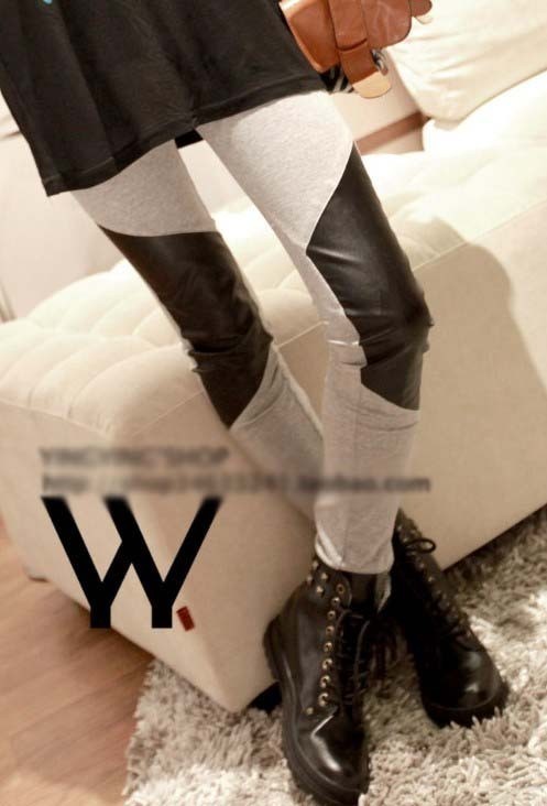Free shipping Fashion 2012 autumn and winter personality big patchwork faux leather cotton fashion elegant all-match legging