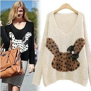 Free shipping Fashion 2012 autumn new arrival pullover V-neck sweater beaded paillette bow rabbit sweater