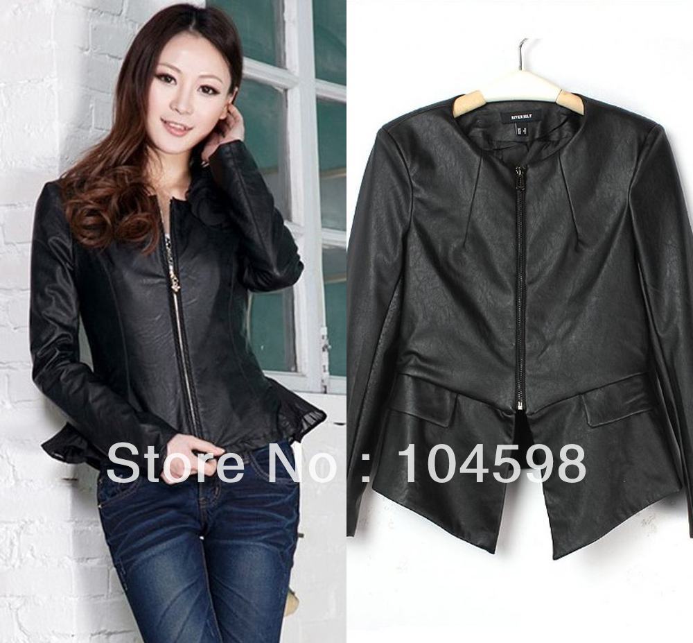 Free shipping!fashion 2013 casual O neck zipper long sleeve slim tops faux leather Motorcycle jacket coat,LF2238