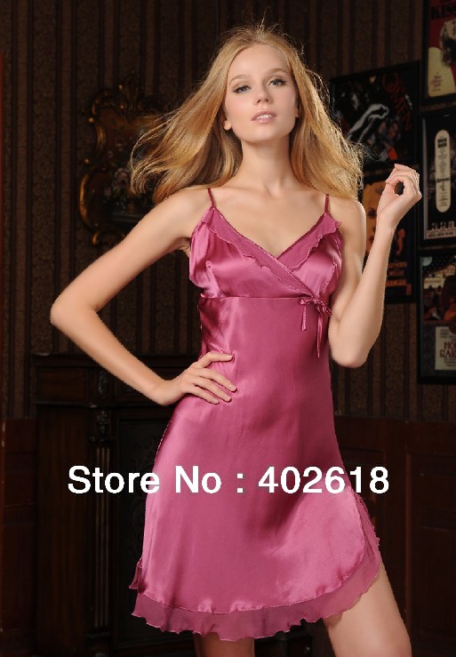 Free Shipping--Fashion 2013, Ladies dress, 100%Silk material, Nightgown, Sleepwear, 6 Colors, Size M, L, XL