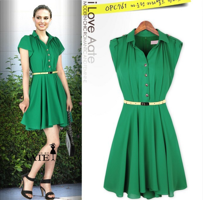 Free shipping Fashion 2013 Summer Ladie's Dress Women's Clothing Turndown collar Noble Chffion full dress With Belt
