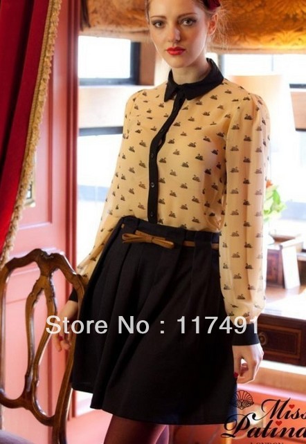 free shipping fashion 2013 woman h*m shirt Elegant cute Retro Little Swan print yellow long-sleeved blouses Brand design ft164