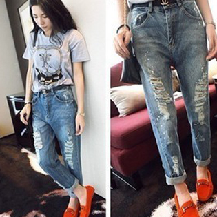 Free Shipping Fashion a641 2013 spring women's fashion knee distrressed jeans loose white