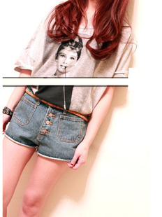Free Shipping Fashion all-match buckle denim shorts autumn and winter jeans women's 1807