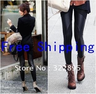 Free Shipping, Fashion and Both sides oblique skin on cotton leggings in leather stitching