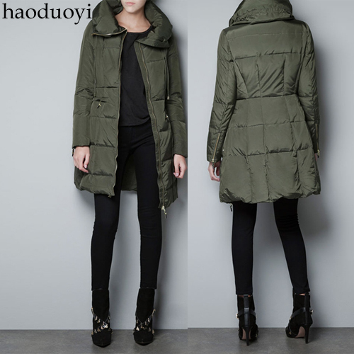 Free Shipping, Fashion Army Green down coat long design bread women's thickening slim waist long design down coat
