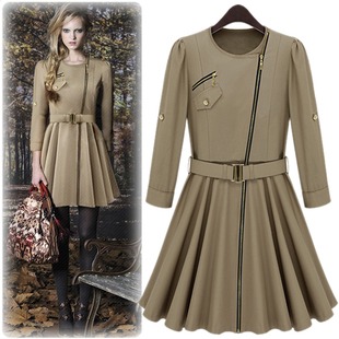 Free Shipping Fashion autumn 2013 have belt slim o-neck outerwear slim waist wrist-length sleeve skirt zipper trench