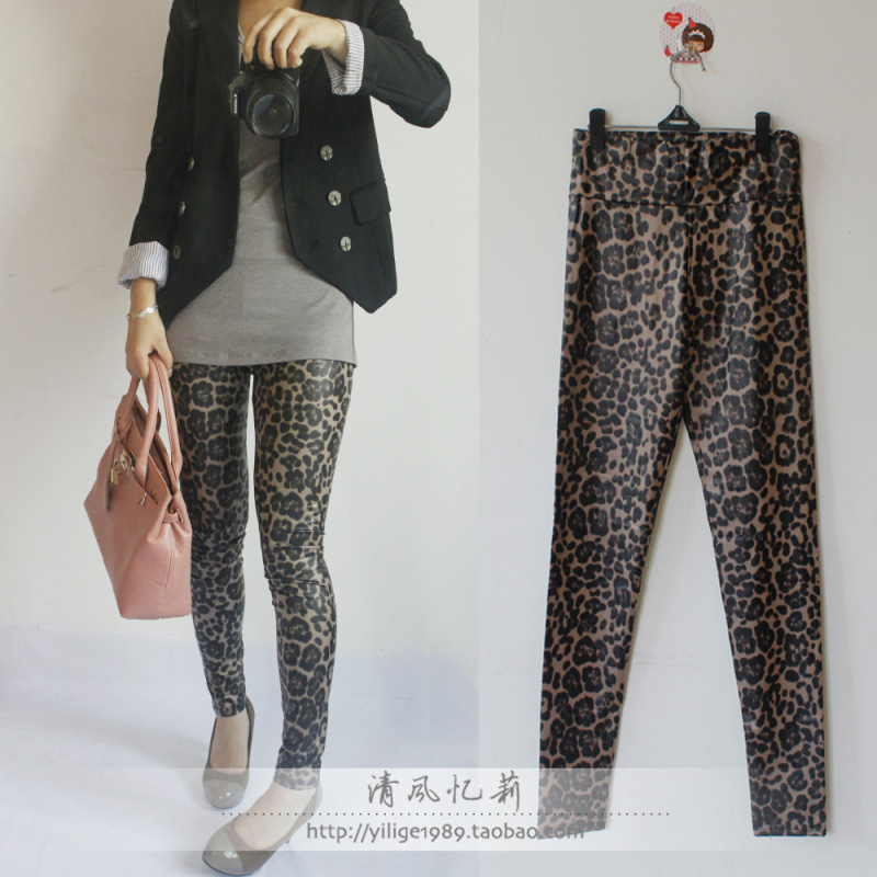 Free shipping Fashion autumn leopard print sploshes cat's claw high waist faux leather doodle legging pants legging