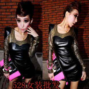 free shipping Fashion autumn new arrival faux leather slim hip sexy long-sleeve female basic winter one-piece dress