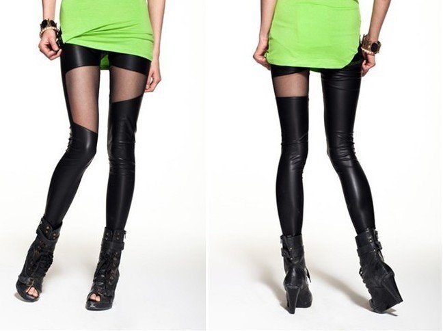 Free Shipping! Fashion Avant-garde Personality Sexy Gauze Faux Leather Leggings