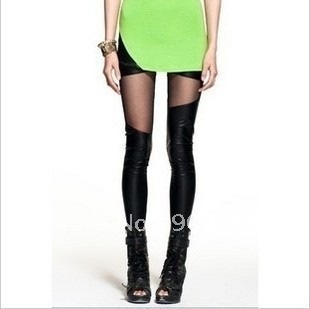 Free Shipping  Fashion Avant-garde Personality Sexy Gauze Faux Leather Patchwork Leggings