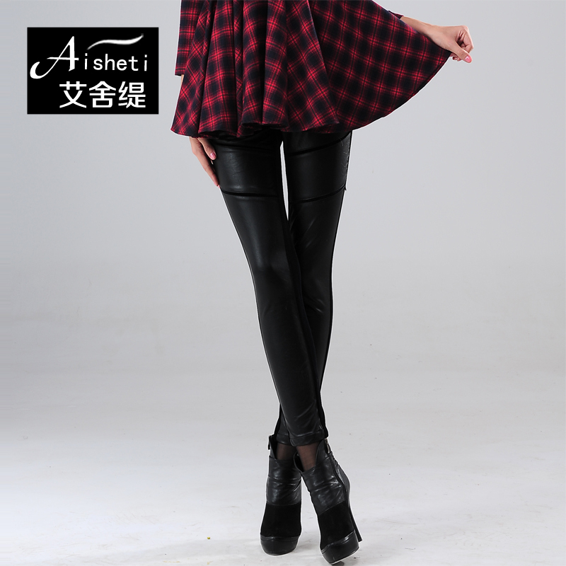 Free Shipping Fashion basic leather pants PU plus velvet thickening slim trousers