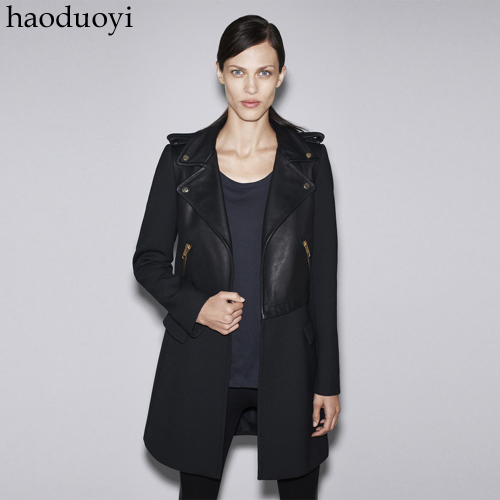 FREE SHIPPING! Fashion black leather patchwork woolen overcoat lookbook zipper trench thickening female outerwear