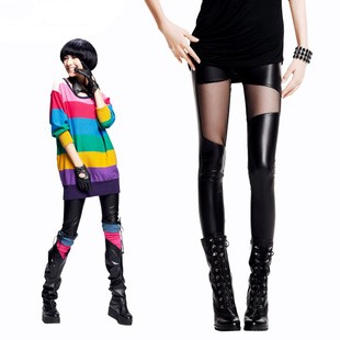 Free shipping Fashion black PU faux leather women's fishnet leggings pants