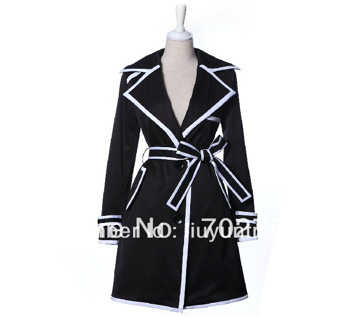 Free Shipping Fashion Black White Block Long Trench Coat For Women 2013
