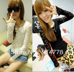 free shipping fashion blouses laciness lace top basic shirt female long-sleeve slim elegant lace shirt t778