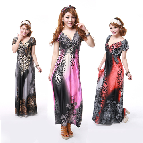 Free Shipping Fashion Bohemian Leopard Print Beach Dress V neck short sleeve 3 colors CQ0028 Wholesale & Retail