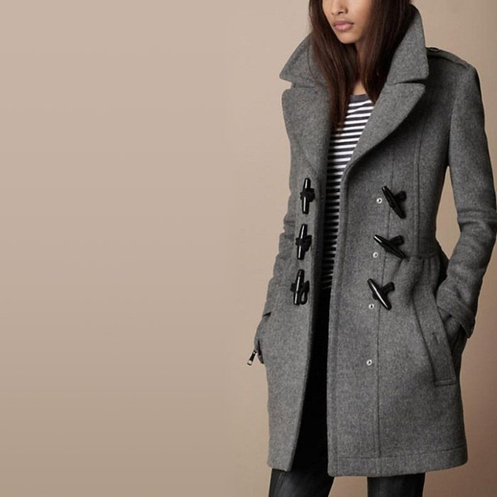 Free Shipping Fashion Brand Casual Women's Fashion Gray Color Horns Button Decorate Woolen Winter Trench Coat Outerwear