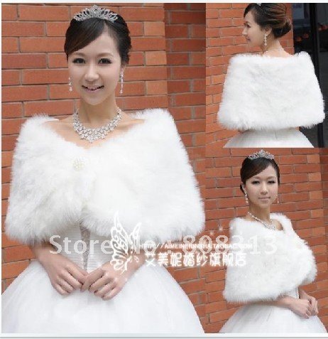 Free Shipping Fashion Bridal Wedding Dress Accessories  white Jacket Faux Fur Bridal Wrap Shrug P-J001