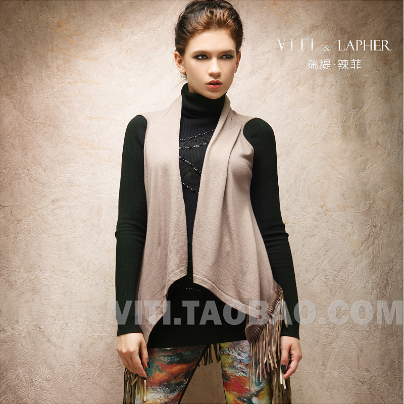 Free Shipping Fashion brief viti12 vintage patchwork PU tassel pseudo-ginsheng wool cardigan