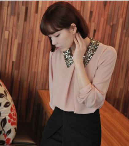 Free Shipping Fashion Bright Sequin Chiffon Shirts For Women Long Sleeve See-through Blouses Lady Tops TS-124 3 Colors