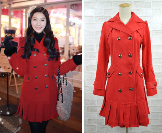 Free shipping Fashion casual High quaity thicken long style red  Pleated skirt double breasted turn-down collar overcoat trench