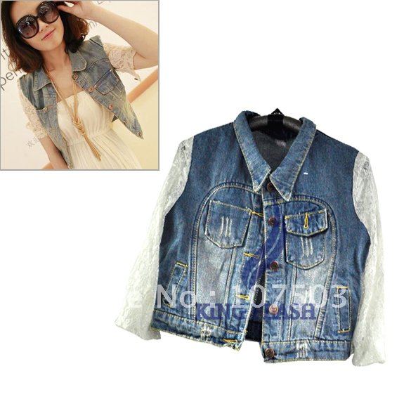 Free shipping Fashion casual Personality Women's Jean coat Vest lovely denim jean jacket Half Lace Sleeve Lapel Collar M.L5628