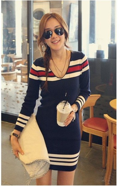 Free shipping fashion chic striped Vneck Long sweater ,women's dresses
