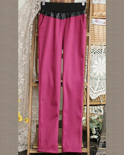 Free Shipping Fashion Colorblock Cotton Leggings Skinny Faux Leather Trim Pants Ladies Tights