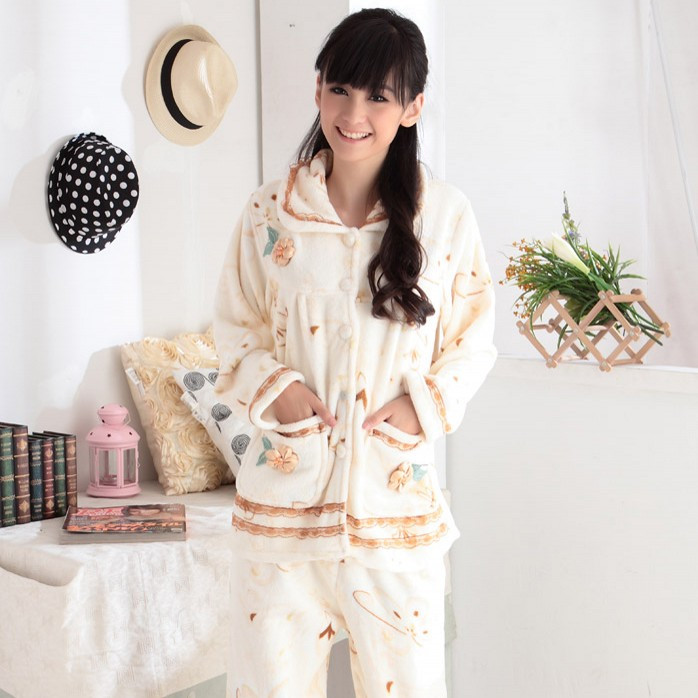 Free shipping Fashion coral fleece long-sleeve 100% cotton women's underwear set sleepwear lounge