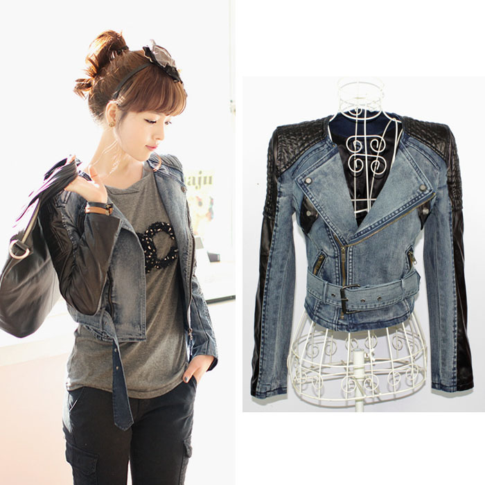 Free Shipping Fashion Denim Patchwork Leather Outerwear Korean Style Female PU patchwork Short Jacket Slim Motorcycle Denim Tops