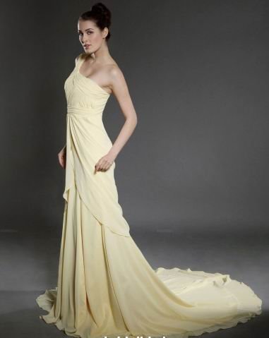 Free Shipping Fashion Design One Shoulder Floor length Ruffled Chiffon evening Dress In Stock