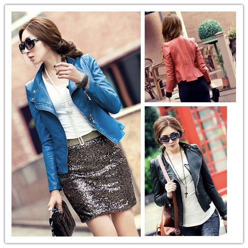 Free Shipping! Fashion Design Slim Womens Faux Leather Jacket Turn-down Collar Short Coat Outerwear PU Leather Jacket 5208