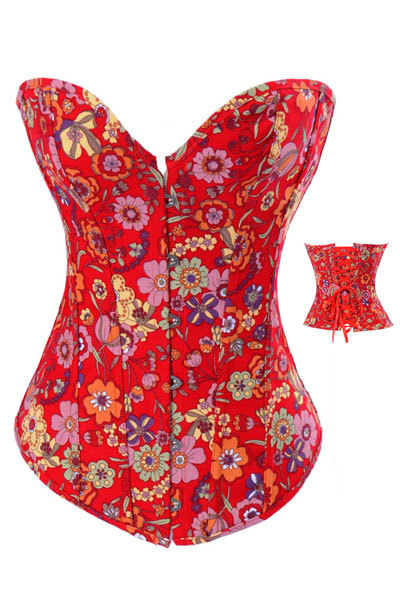 Free shipping! Fashion Design Spring Flower Print Red Sexy Bustier Corset LB4478 Size S M L XL