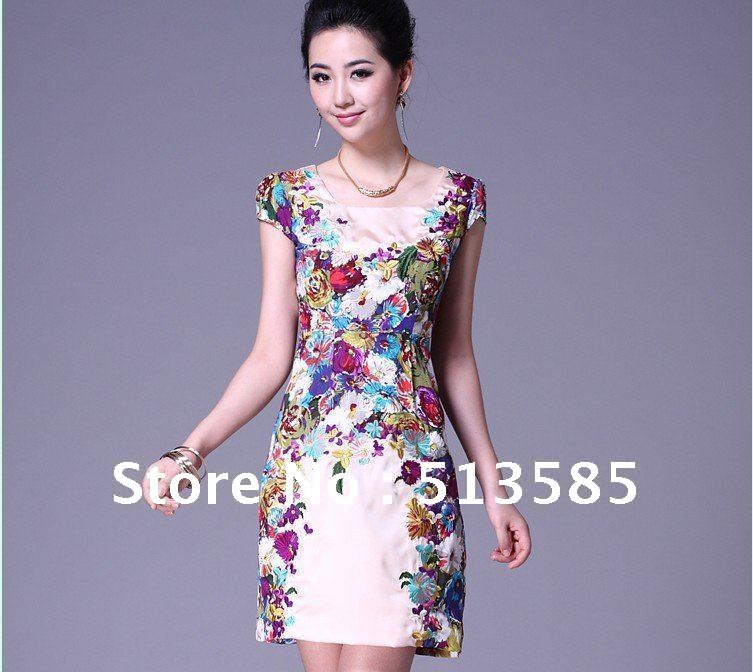 Free shipping fashion dress European and America style embroidery peony silk dress