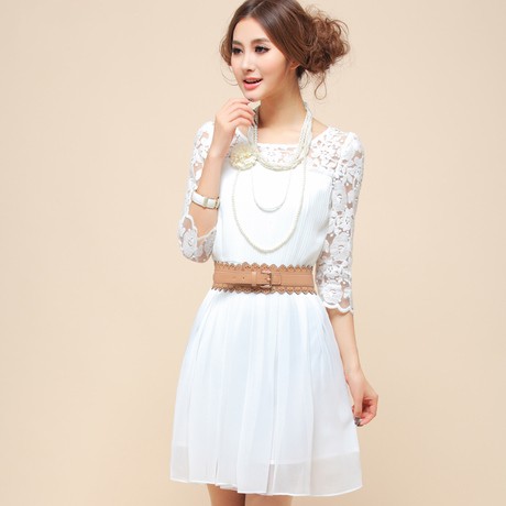 Free Shipping Fashion Elegant Cutout Slim Lace Half Sleeves Women's White Dresses Beautiful Lace Splicing Pleated Dresses