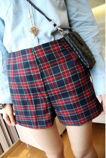 Free Shipping fashion elegant high waist plaid pants preppy style cotton-padded Ladies' shorts(Red+Gray+S/M)121231#13