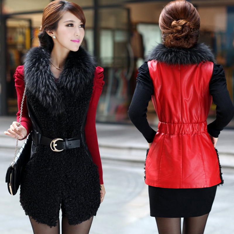 free shipping fashion elegant large fur collar leather clothing outerwear winter women's thickening outerwear leather clothing