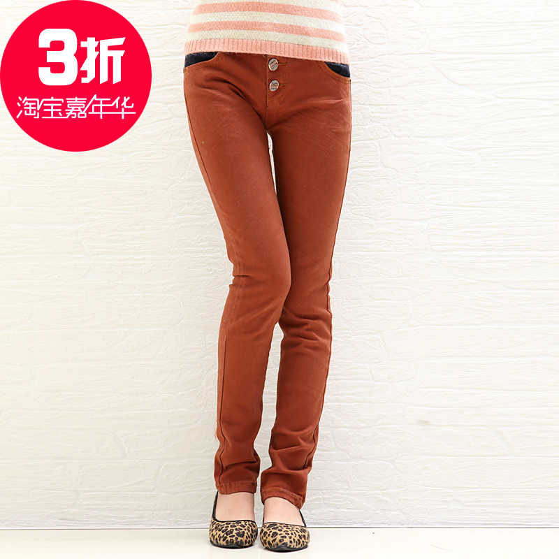 free shipping Fashion fashion color block decoration wearing white scratches button denim trousers skinny pants wk949