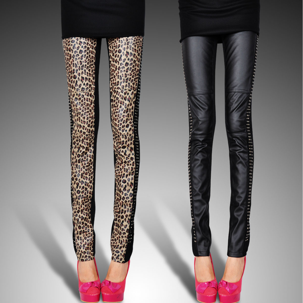 free shipping Fashion fashion PU trousers patchwork 2012 patchwork leopard print leather pants legging female autumn and winter