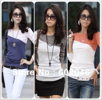 FREE SHIPPING FASHION FEMALE LONG SLEEVE ROUND COLLAR SPLICING RENDER UNLINED UPPER GARMENT FASHION FEMALE T-SHIRT