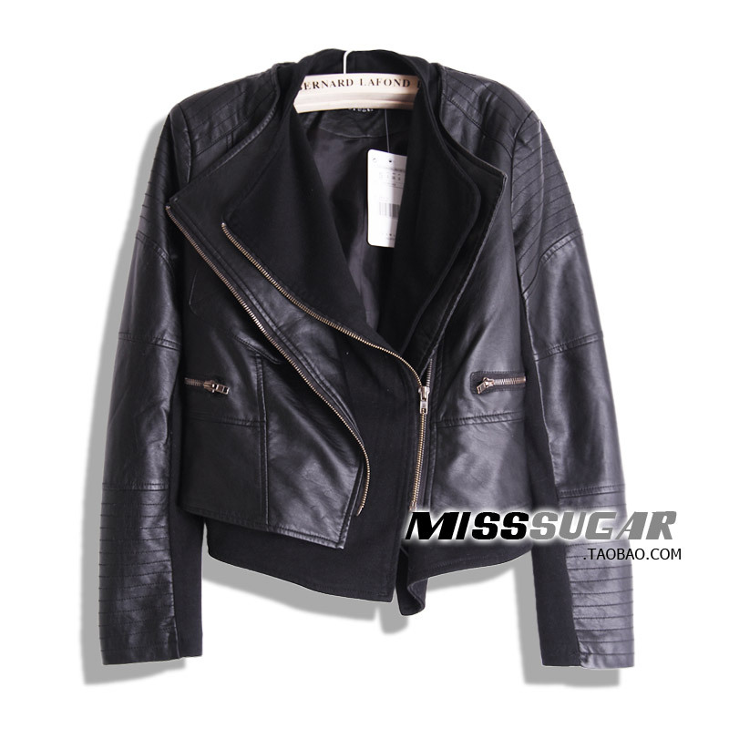 Free shipping Fashion female PU cloth patchwork large lapel short design slim leather clothing outerwear leather jacket