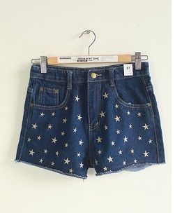 Free Shipping Fashion five-pointed star embroidery retro finishing water wash stucco high waist denim shorts female