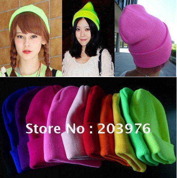 Free Shipping Fashion Fluorescent Colors Neon Women Knitted Winter Skull Hats & Men Cap 14 colors