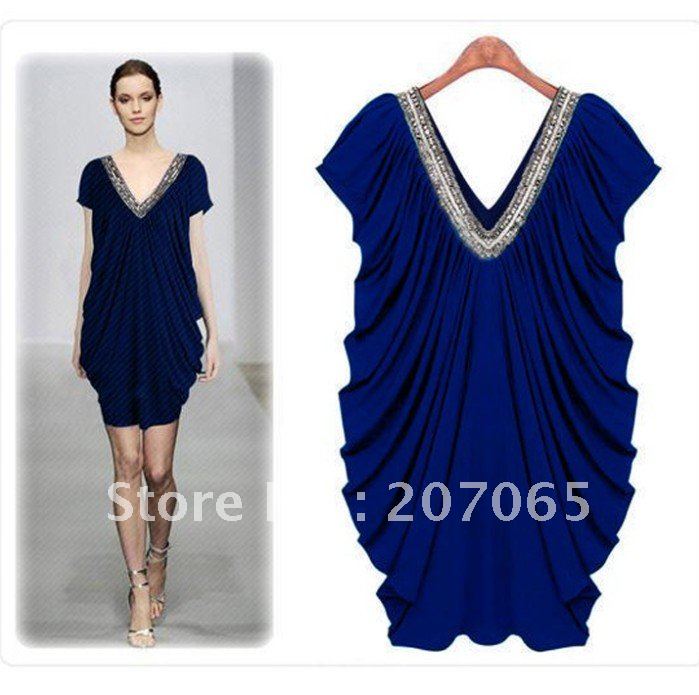 Free shipping fashion fold Sequin V neck women dress ,ladies'dress  2 colour  Size M,L,XL