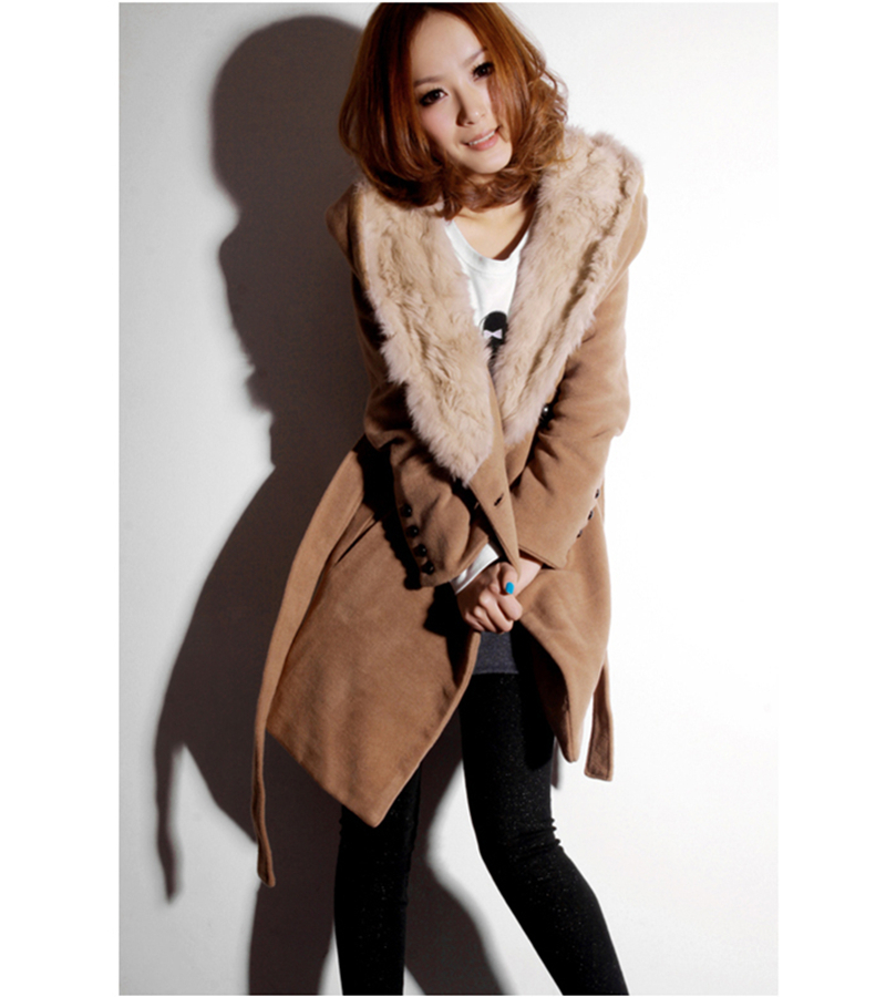 Free shipping Fashion fur collar camel hooded slim drawstring medium-long wool coat thickening women's trench outerwear