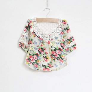 Free Shipping- fashion girls' 3/4 sleeve thin blouse / shirt with lace neckline, white, floral(MOQ: 1 lot=6pcs)
