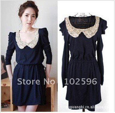 Free Shipping,Fashion Gold Edge Neck Puff Sleeve Dress